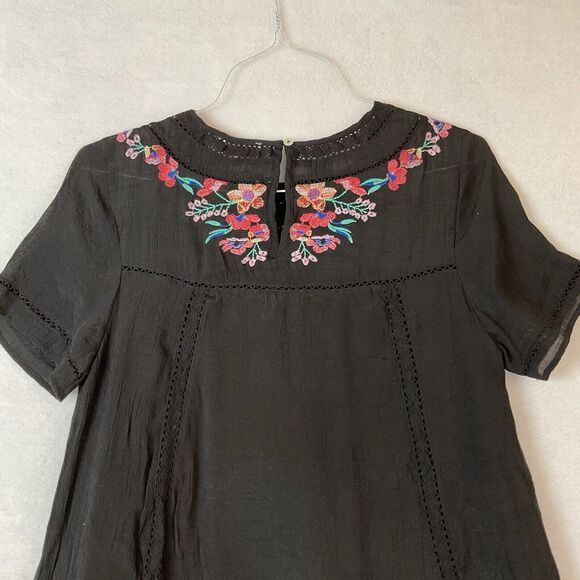 Umgee Mini Dress Womens S Black Floral Embroidered Short Sleeve Boho Lined - Picture 7 of 10